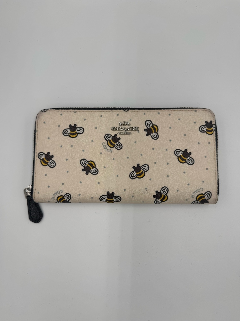 COACH Bee Print Zip-Around Wallet, Cream w/ Black Trim & baby blue interior 🐝